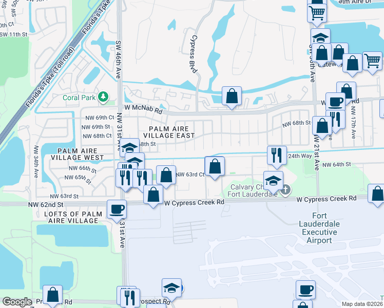map of restaurants, bars, coffee shops, grocery stores, and more near 6720 Northwest 28th Terrace in Fort Lauderdale