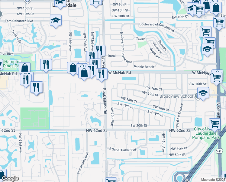 map of restaurants, bars, coffee shops, grocery stores, and more near 1663 Southwest 70th Avenue in North Lauderdale