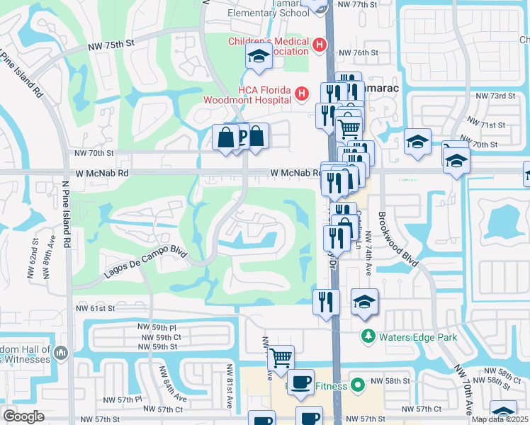 map of restaurants, bars, coffee shops, grocery stores, and more near 7911 North Colony Circle in Tamarac