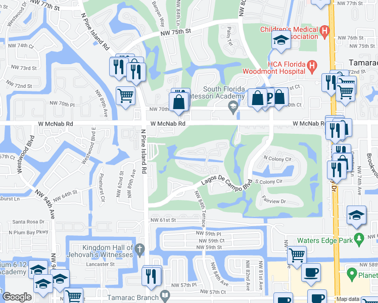 map of restaurants, bars, coffee shops, grocery stores, and more near 8380 Sands Point Boulevard in Tamarac