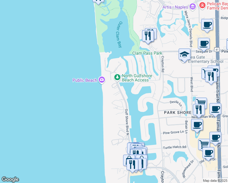 map of restaurants, bars, coffee shops, grocery stores, and more near 4901 Gulf Shore Boulevard North in Naples