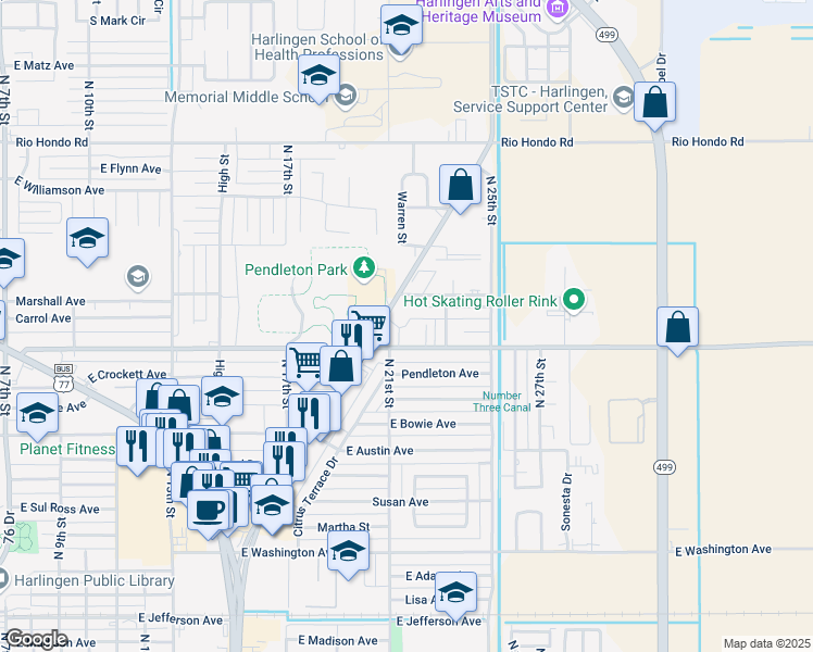 map of restaurants, bars, coffee shops, grocery stores, and more near 2208 Ella Street in Harlingen