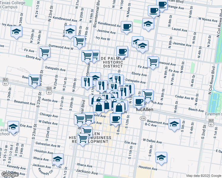 map of restaurants, bars, coffee shops, grocery stores, and more near 1418 Beech Avenue in McAllen