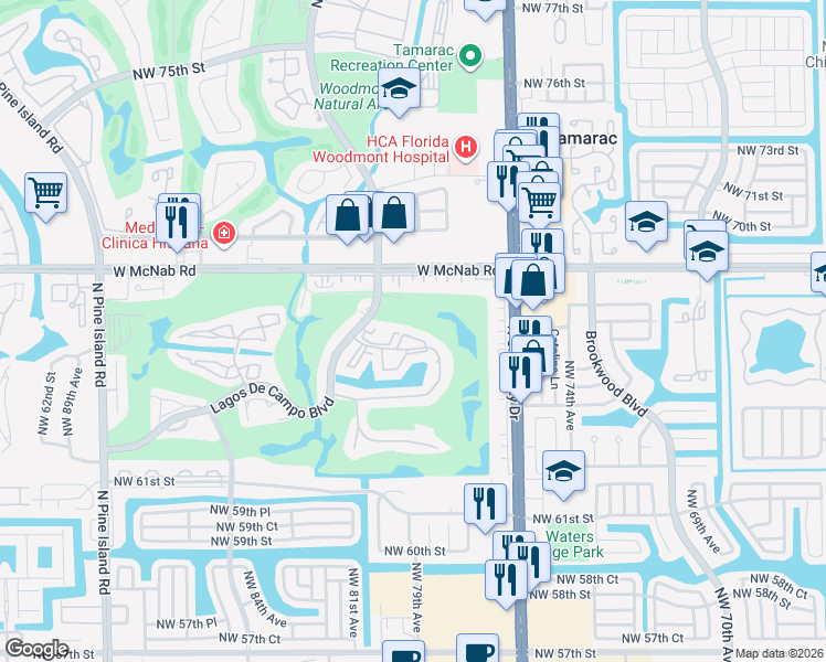 map of restaurants, bars, coffee shops, grocery stores, and more near 7911 North Colony Circle in Tamarac