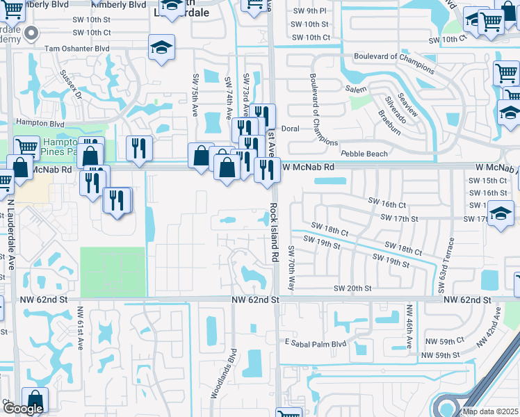 map of restaurants, bars, coffee shops, grocery stores, and more near 7214 West McNab Road in North Lauderdale