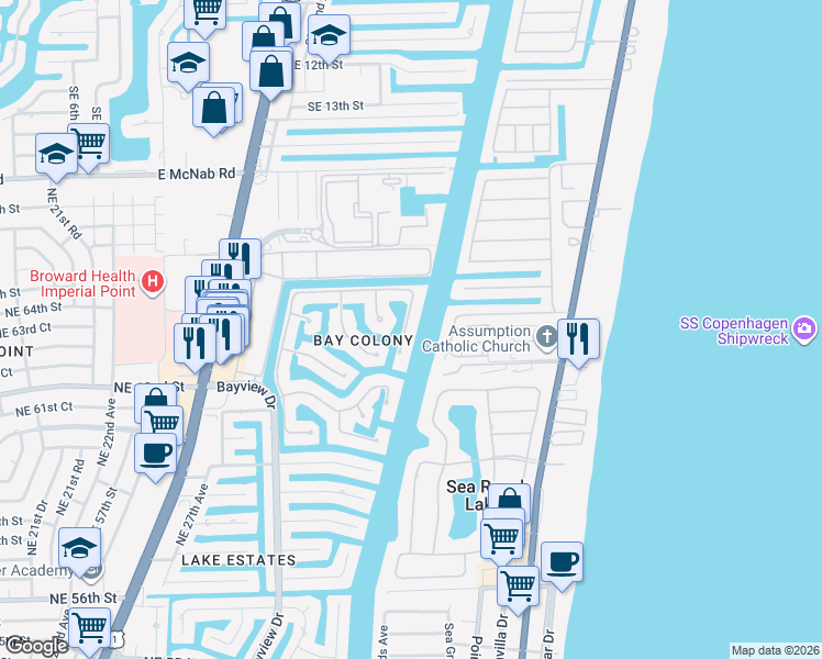 map of restaurants, bars, coffee shops, grocery stores, and more near 240 North Compass Drive in Fort Lauderdale