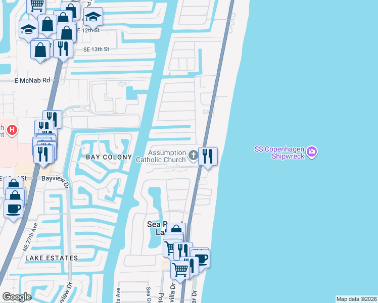 map of restaurants, bars, coffee shops, grocery stores, and more near 1967 South Ocean Boulevard in Pompano Beach