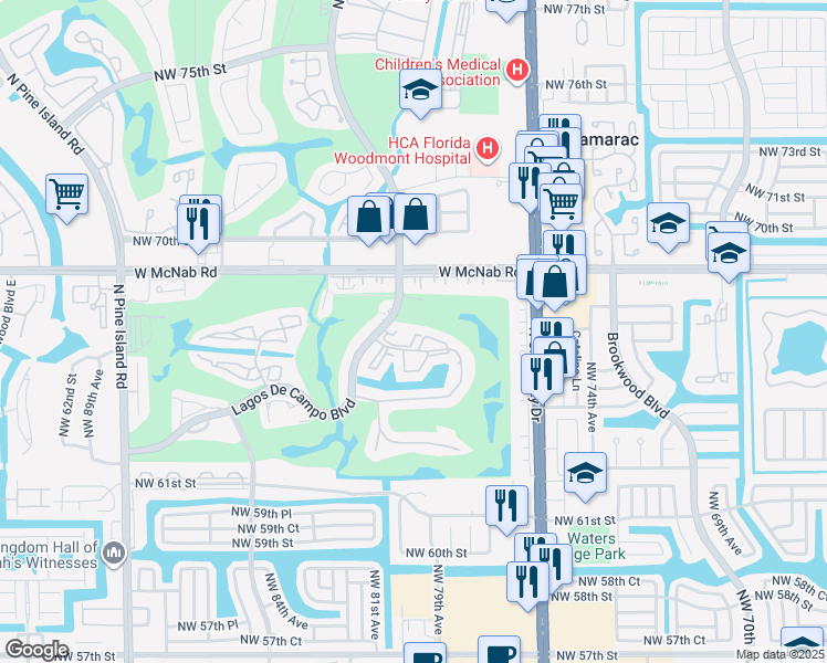 map of restaurants, bars, coffee shops, grocery stores, and more near 8000 Lagos De Campo Boulevard in Tamarac