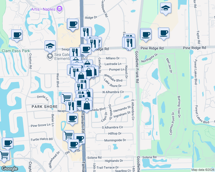 map of restaurants, bars, coffee shops, grocery stores, and more near Lake Shore Place in Naples