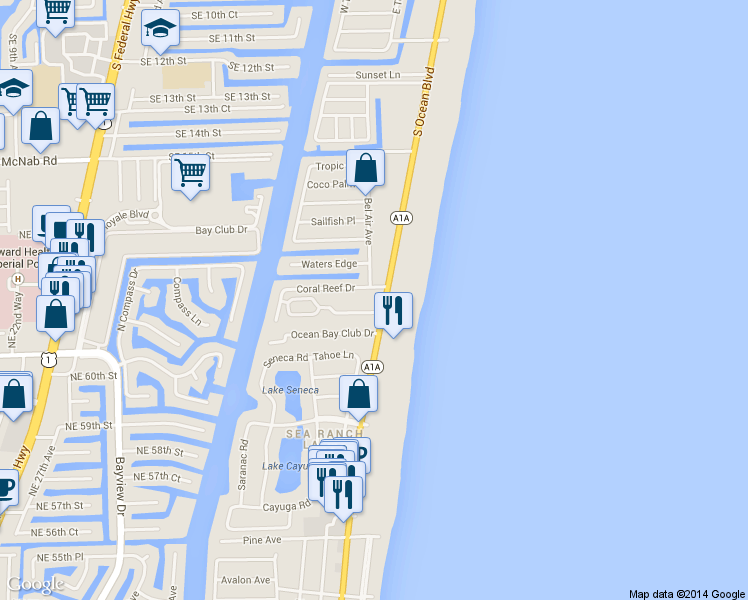 map of restaurants, bars, coffee shops, grocery stores, and more near 2040 Coral Reef Drive in Pompano Beach