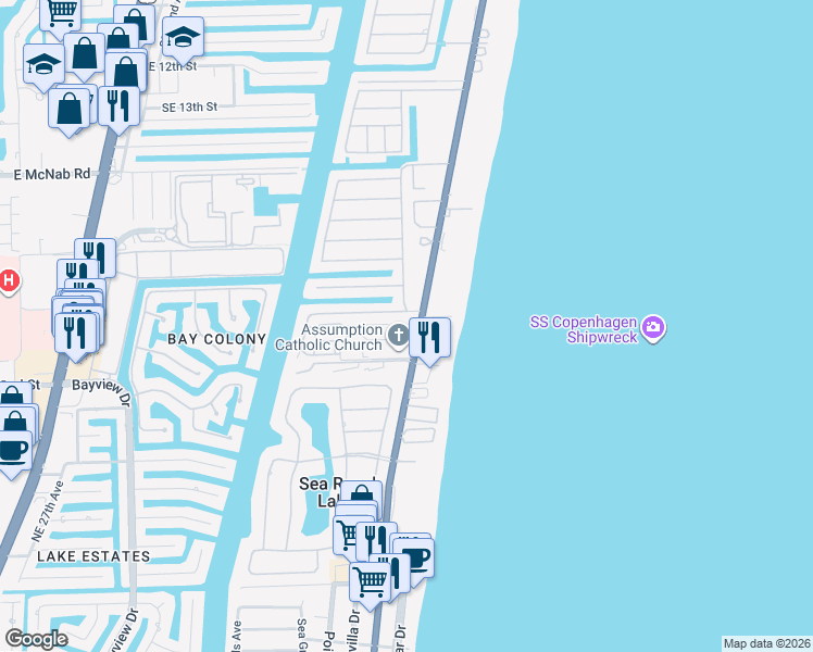 map of restaurants, bars, coffee shops, grocery stores, and more near 2040 Coral Reef Drive in Pompano Beach