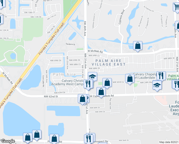 map of restaurants, bars, coffee shops, grocery stores, and more near 3050 Northwest 68th Street in Fort Lauderdale
