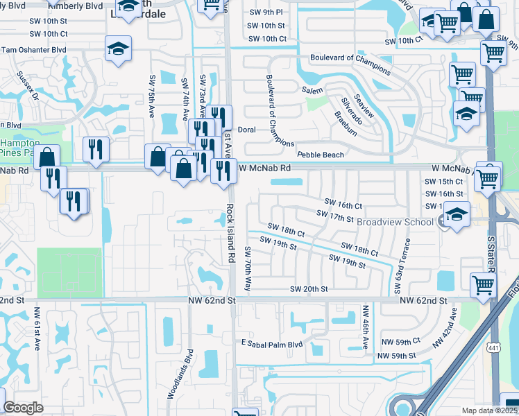 map of restaurants, bars, coffee shops, grocery stores, and more near 1663 Southwest 70th Avenue in North Lauderdale