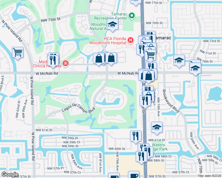 map of restaurants, bars, coffee shops, grocery stores, and more near 8000 Lagos De Campo Boulevard in Tamarac