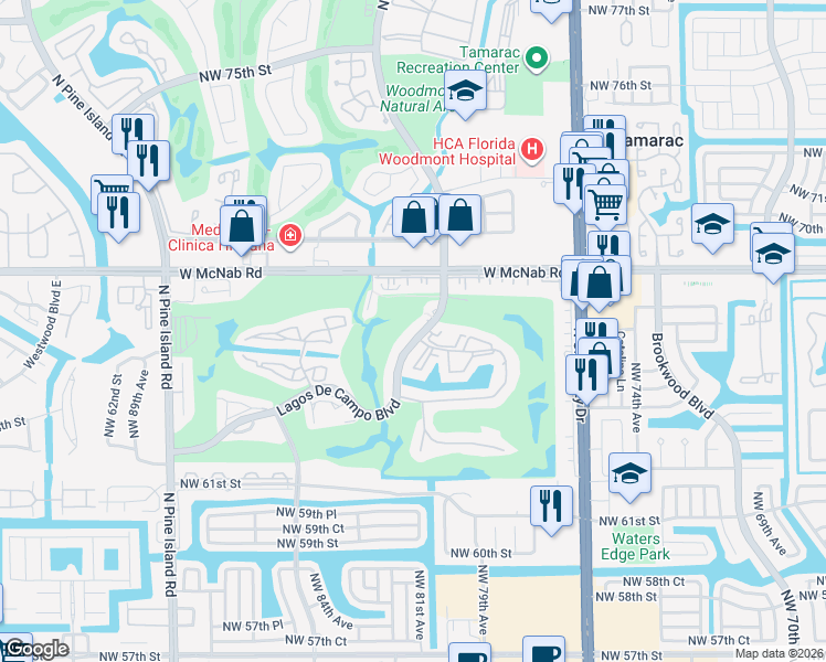 map of restaurants, bars, coffee shops, grocery stores, and more near 8135 Lagos De Campo Boulevard in Tamarac