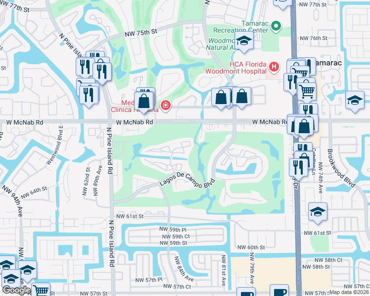 map of restaurants, bars, coffee shops, grocery stores, and more near 8351 Sands Point Boulevard in Tamarac
