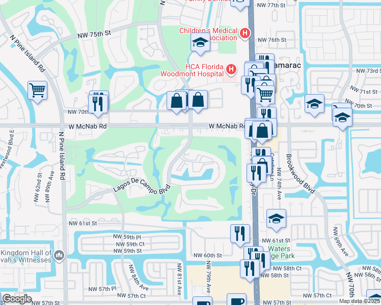 map of restaurants, bars, coffee shops, grocery stores, and more near 8000 Lagos De Campo Boulevard in Tamarac