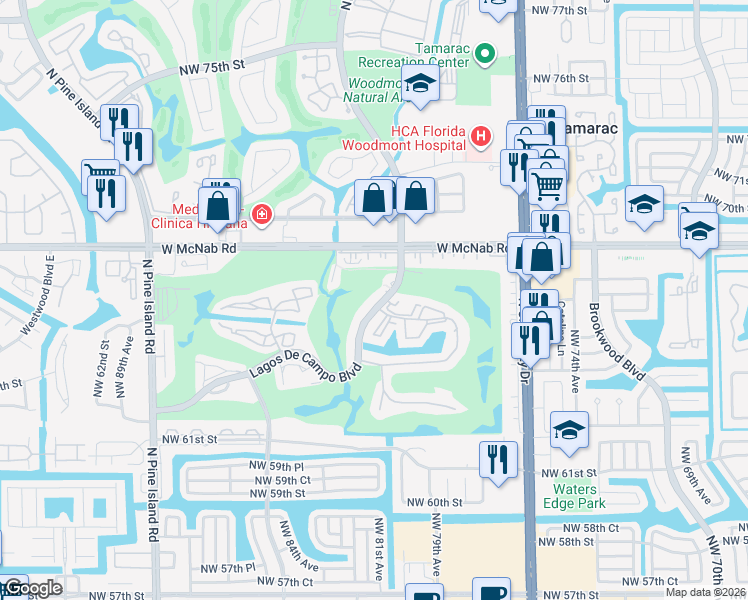 map of restaurants, bars, coffee shops, grocery stores, and more near 8135 Lagos De Campo Boulevard in Tamarac
