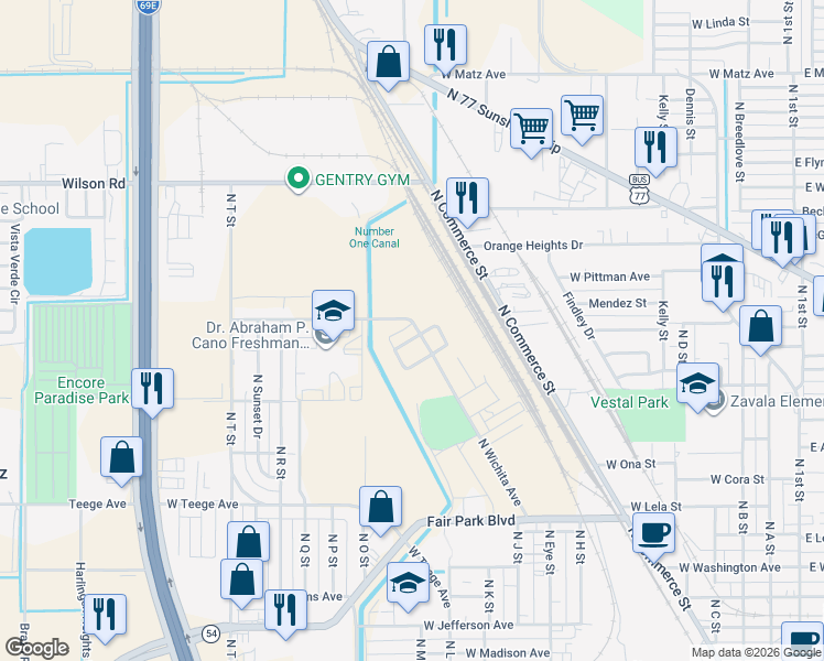 map of restaurants, bars, coffee shops, grocery stores, and more near 1202 West New Orleans Avenue in Harlingen