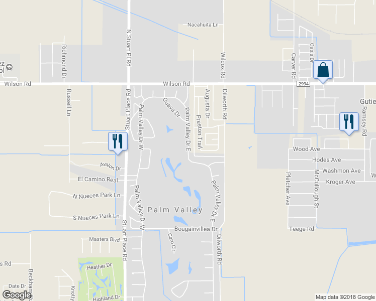 map of restaurants, bars, coffee shops, grocery stores, and more near 1500 Palm Valley Drive East in Palm Valley