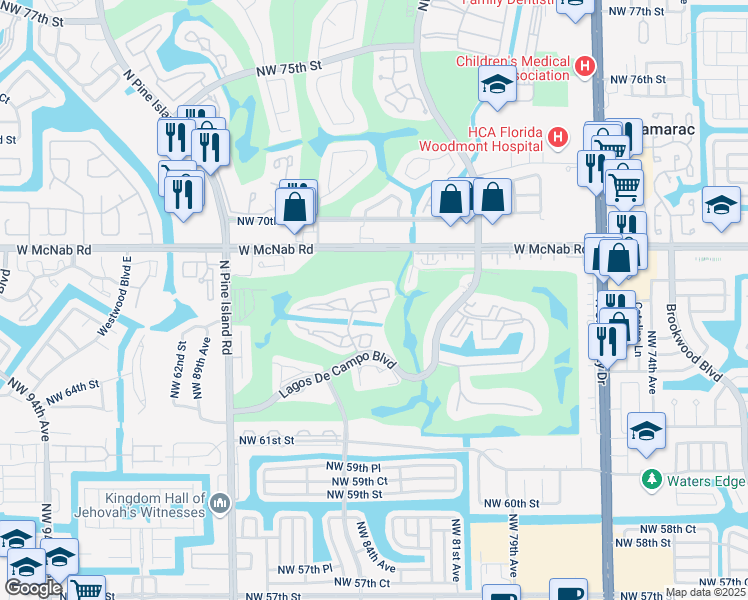 map of restaurants, bars, coffee shops, grocery stores, and more near 8331 Sands Point Boulevard in Tamarac