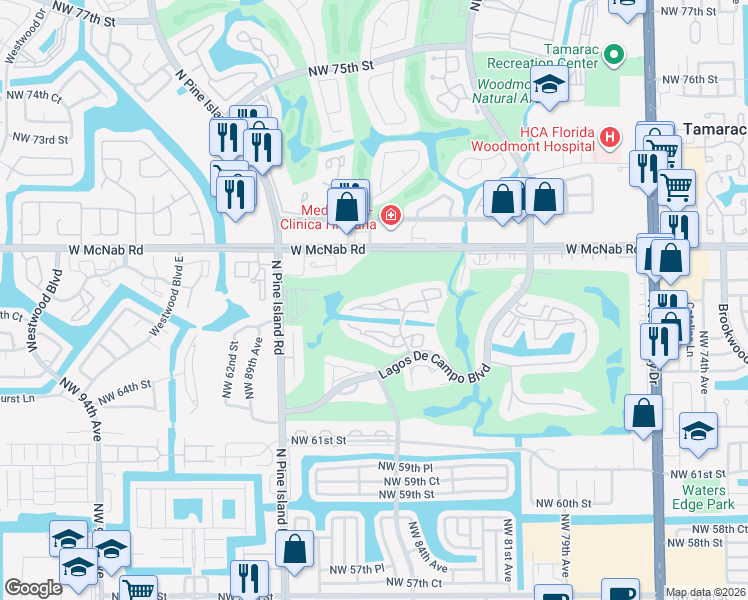 map of restaurants, bars, coffee shops, grocery stores, and more near 8380 Sands Point Boulevard in Tamarac