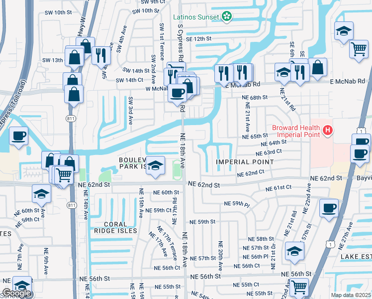 map of restaurants, bars, coffee shops, grocery stores, and more near 6405 Northeast 18th Terrace in Fort Lauderdale