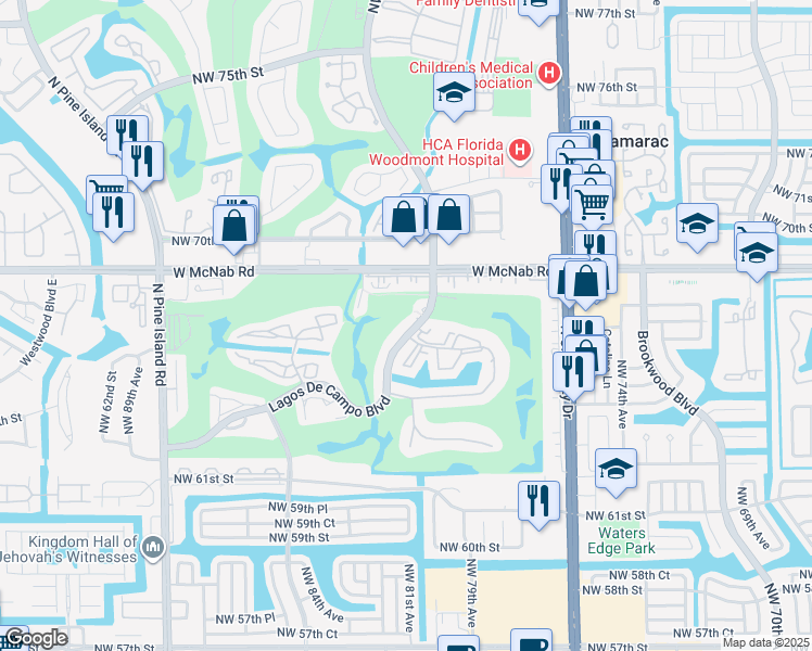 map of restaurants, bars, coffee shops, grocery stores, and more near 8135 Lagos De Campo Boulevard in Tamarac