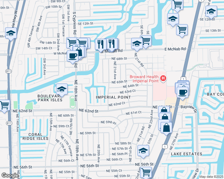 map of restaurants, bars, coffee shops, grocery stores, and more near 2070 Northeast 64th Street in Fort Lauderdale
