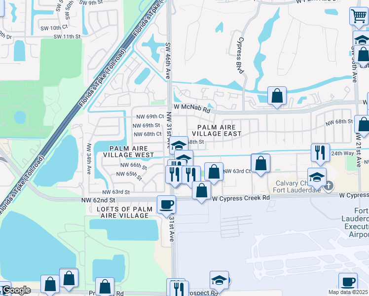 map of restaurants, bars, coffee shops, grocery stores, and more near 3050 Northwest 68th Street in Fort Lauderdale