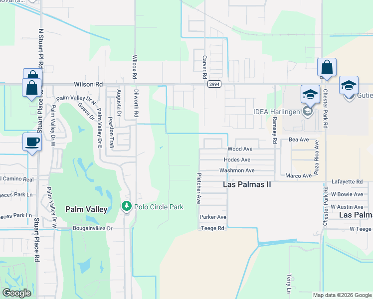 map of restaurants, bars, coffee shops, grocery stores, and more near 24300 Pletcher Avenue in Harlingen