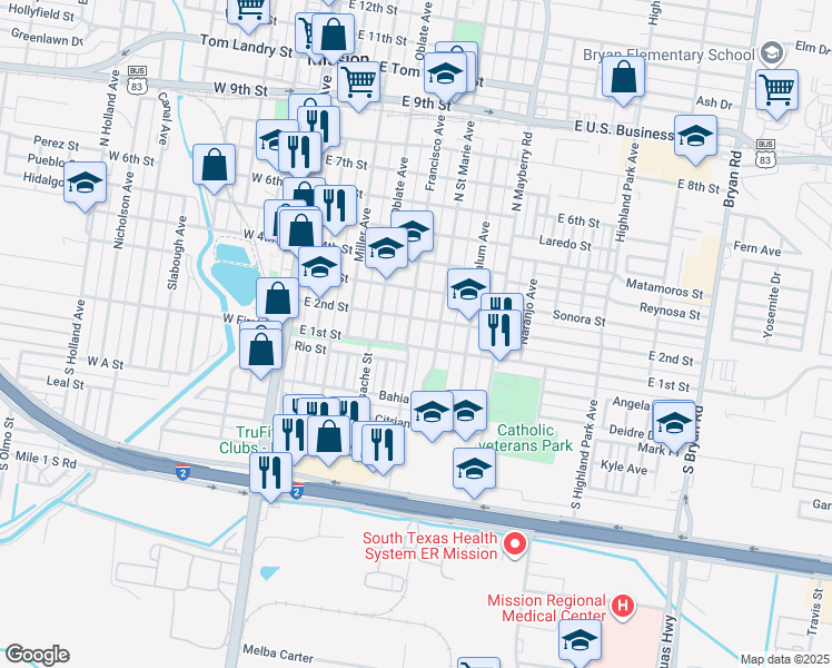 map of restaurants, bars, coffee shops, grocery stores, and more near 108 North Francisco Avenue in Mission