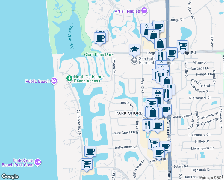 map of restaurants, bars, coffee shops, grocery stores, and more near 4711 Crayton Road in Naples