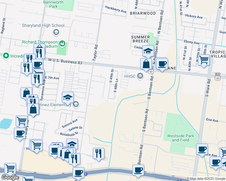 map of restaurants, bars, coffee shops, grocery stores, and more near 309 49th Street in McAllen