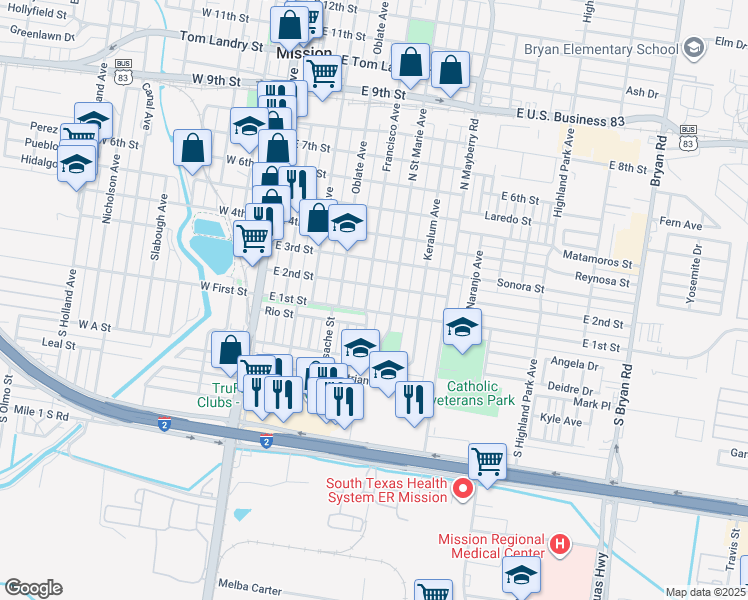 map of restaurants, bars, coffee shops, grocery stores, and more near 108 North Francisco Avenue in Mission