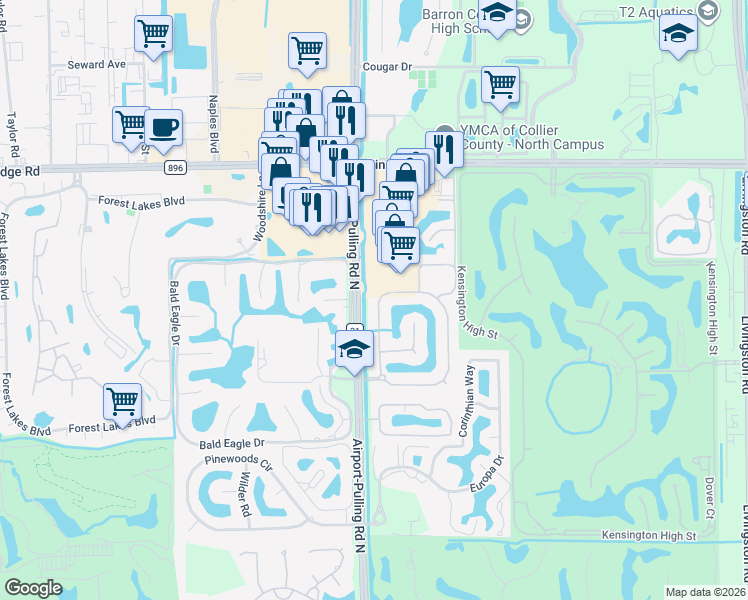 map of restaurants, bars, coffee shops, grocery stores, and more near 5034 Rustic Oaks Circle in Naples