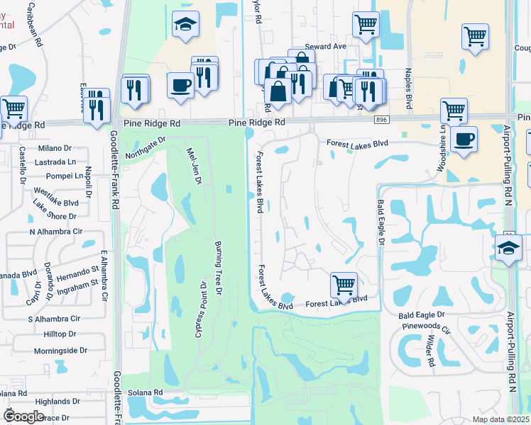 map of restaurants, bars, coffee shops, grocery stores, and more near 1510 Forest Lakes Boulevard in Naples
