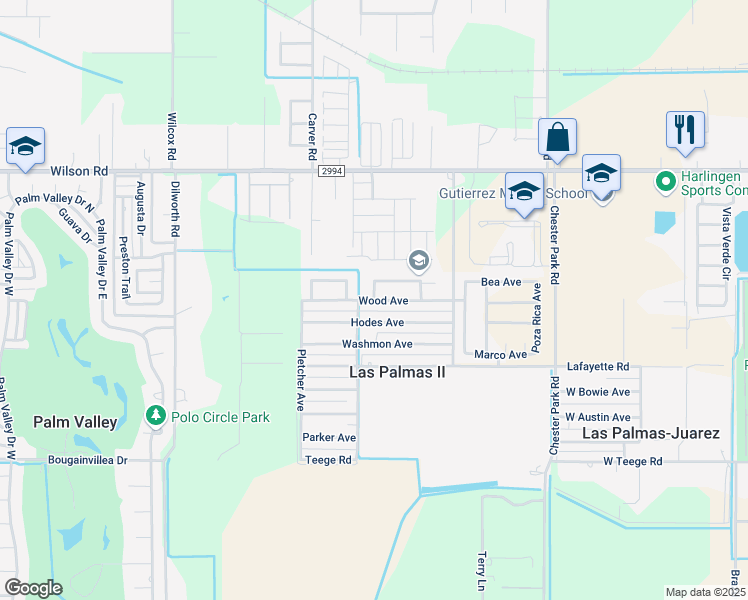 map of restaurants, bars, coffee shops, grocery stores, and more near 4210 Wood Avenue in Harlingen