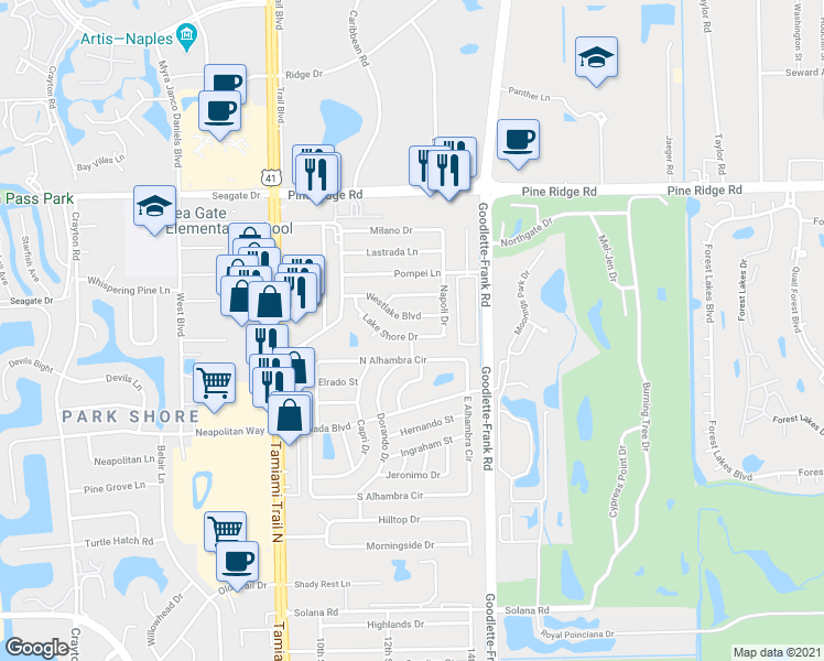 map of restaurants, bars, coffee shops, grocery stores, and more near 1289 Lake Shore Drive in Naples