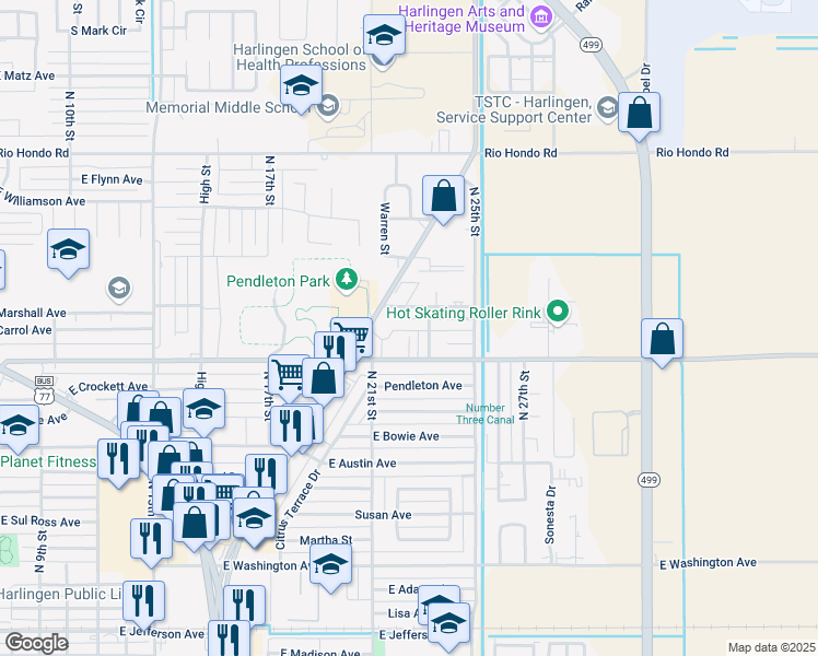 map of restaurants, bars, coffee shops, grocery stores, and more near 2208 Ella Street in Harlingen