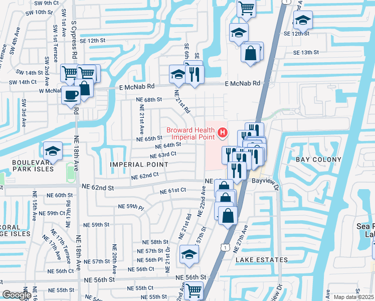 map of restaurants, bars, coffee shops, grocery stores, and more near 2169 Northeast 63rd Court in Fort Lauderdale