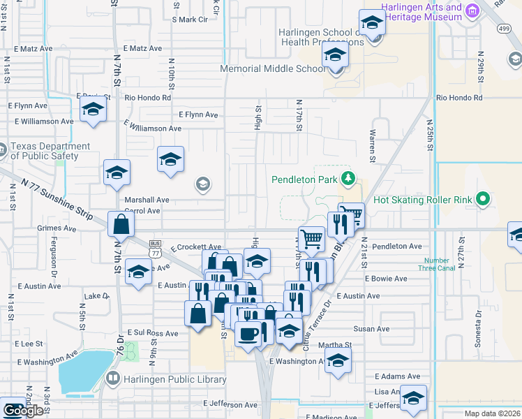 map of restaurants, bars, coffee shops, grocery stores, and more near 1406 High Street in Harlingen