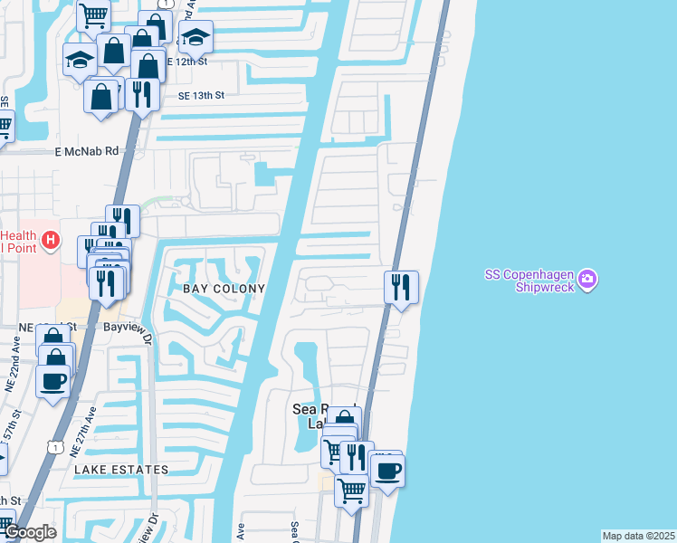 map of restaurants, bars, coffee shops, grocery stores, and more near 1960 Coral Reef Drive in Pompano Beach