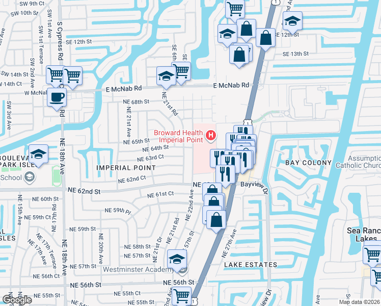 map of restaurants, bars, coffee shops, grocery stores, and more near 6351 Northeast 22nd Avenue in Fort Lauderdale