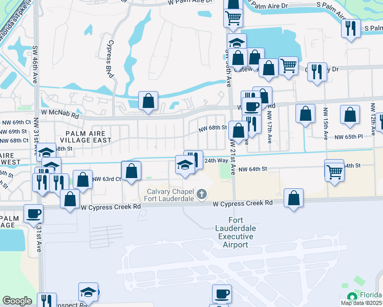 map of restaurants, bars, coffee shops, grocery stores, and more near 2440 Northwest 67th Court in Fort Lauderdale