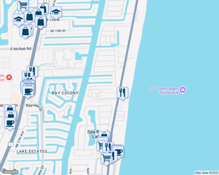 map of restaurants, bars, coffee shops, grocery stores, and more near 2040 Coral Reef Drive in Pompano Beach