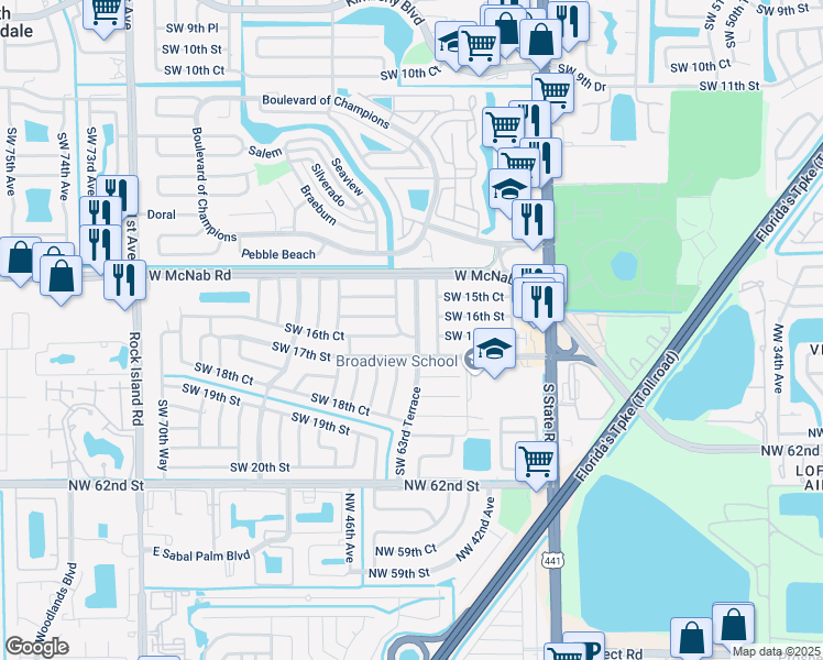 map of restaurants, bars, coffee shops, grocery stores, and more near 1621 Southwest 63rd Terrace in North Lauderdale