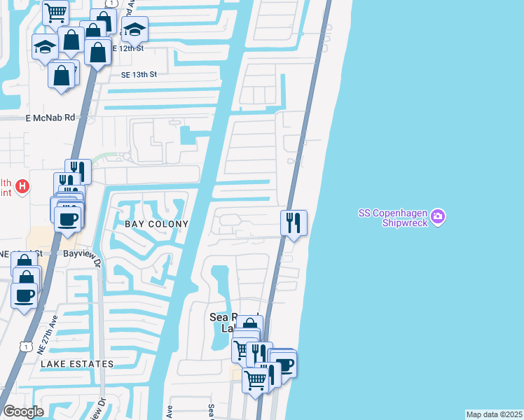 map of restaurants, bars, coffee shops, grocery stores, and more near 2040 Coral Reef Drive in Pompano Beach
