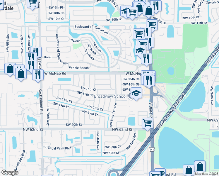 map of restaurants, bars, coffee shops, grocery stores, and more near 1621 Southwest 63rd Terrace in North Lauderdale