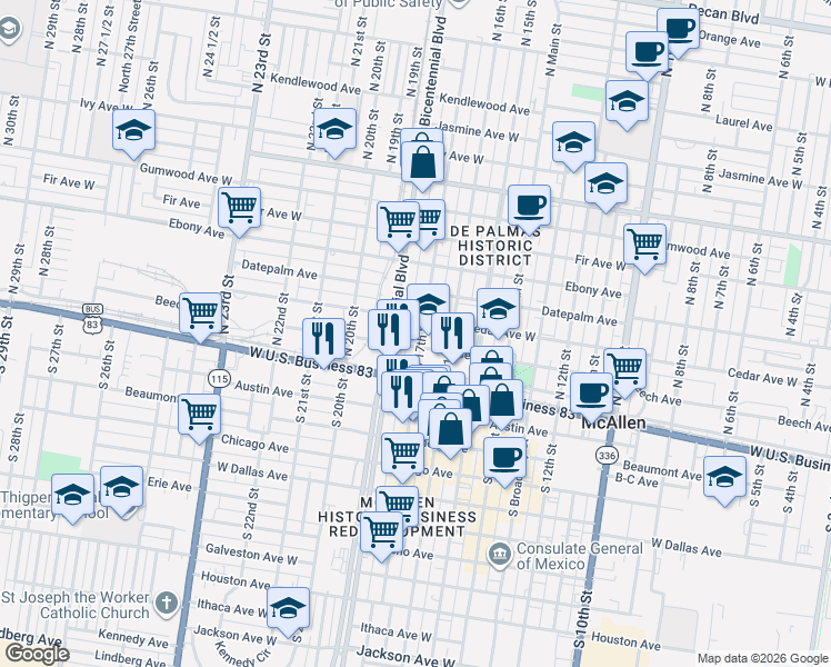map of restaurants, bars, coffee shops, grocery stores, and more near 1724 Cedar Avenue in McAllen